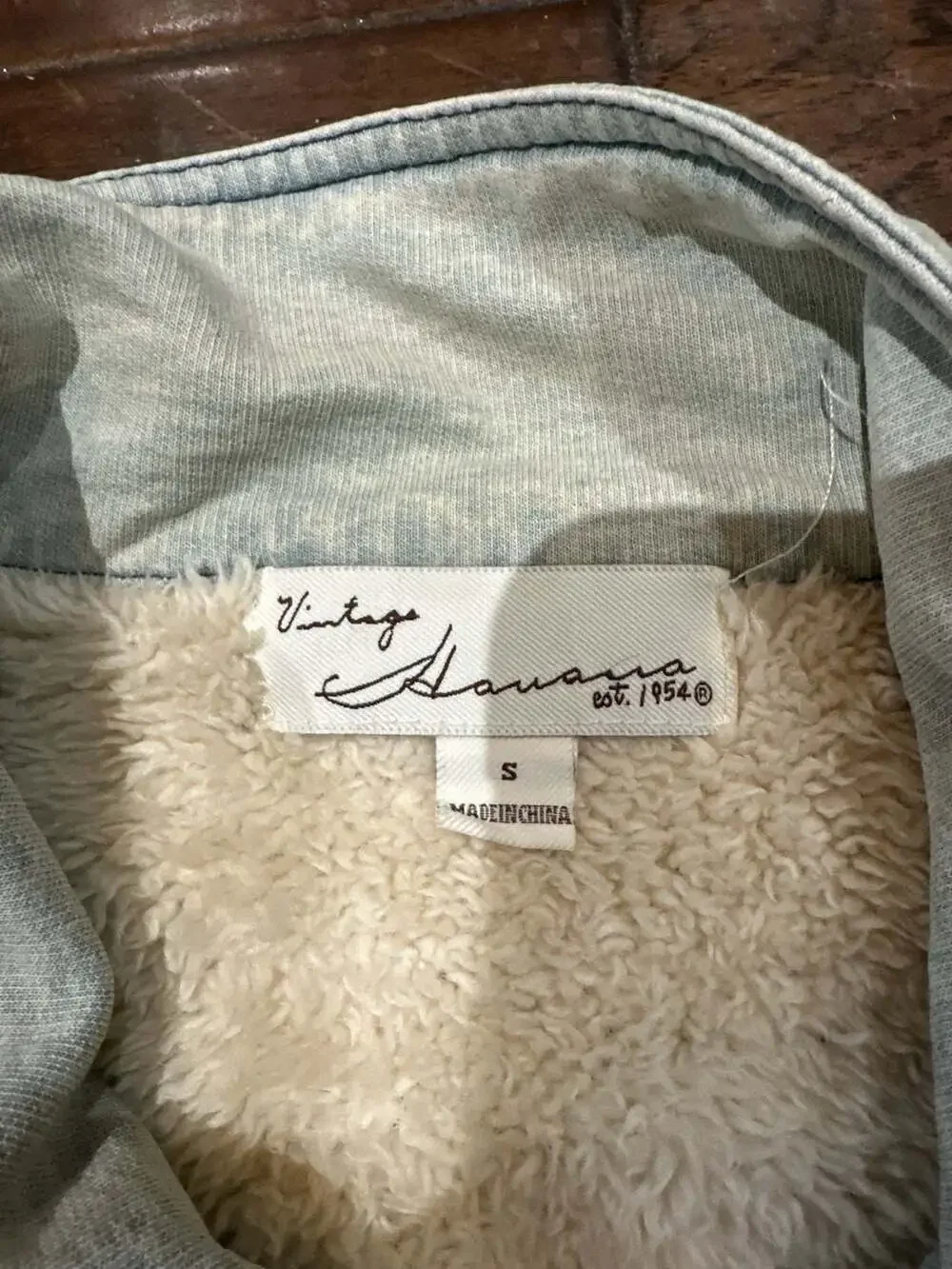 Vintage Havana Mixed Media Denim Jacket with Plaid Sherpa Sleeves - Picture 3 of 5